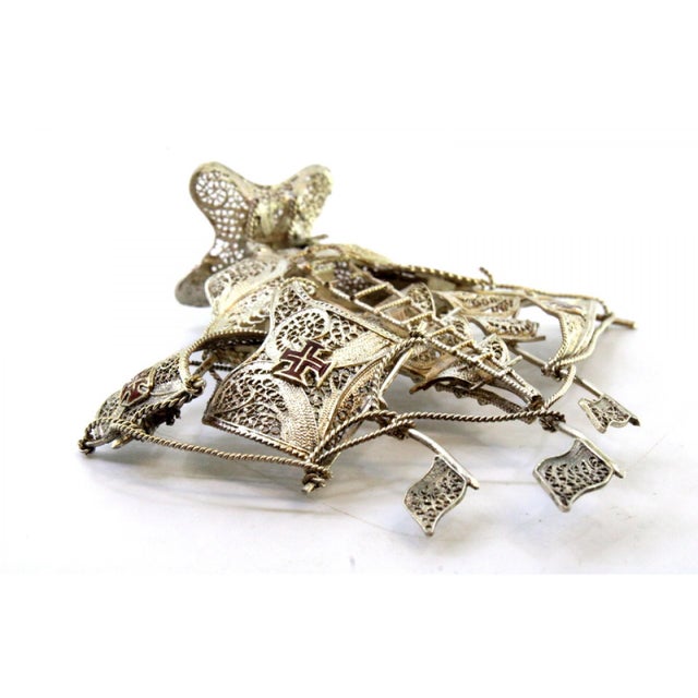 Silver Filigree Caravel with Flags and Portuguese Symbols For Sale - Image 5 of 9
