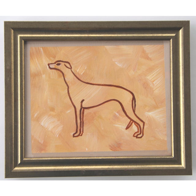 An elegant greyhound dog silhouette and border in shades of burnt orange, beige burnt umber. Minimalism, Abstract, English...