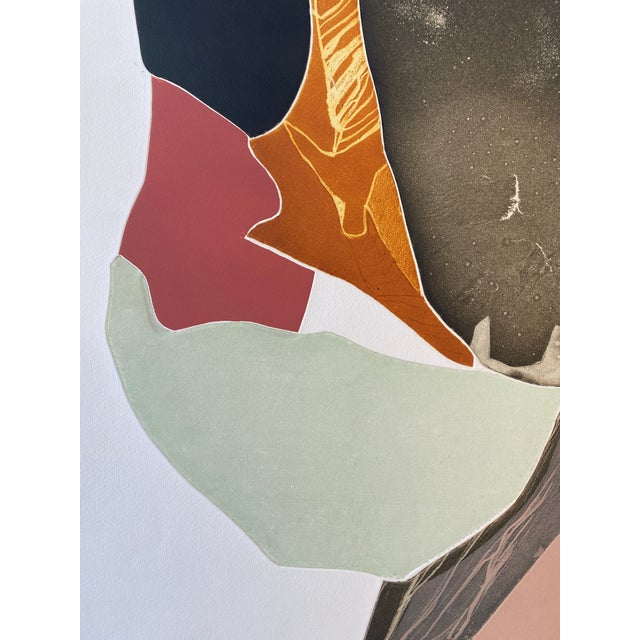 Abstract etching with aquatint in palette of rose, mint green, rust and grey by French artist Gilou Brillant (1935-?)....