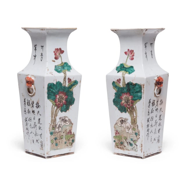 Pair of Chinese Squared Fantail Vases With Egrets Beneath Lotus For Sale - Image 11 of 11