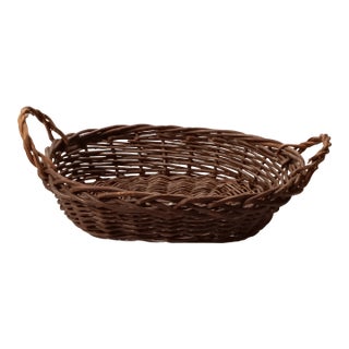 Mid 20th Century Large Vintage Oval Naturally Woven Wicker Serving Tray With Handles For Sale