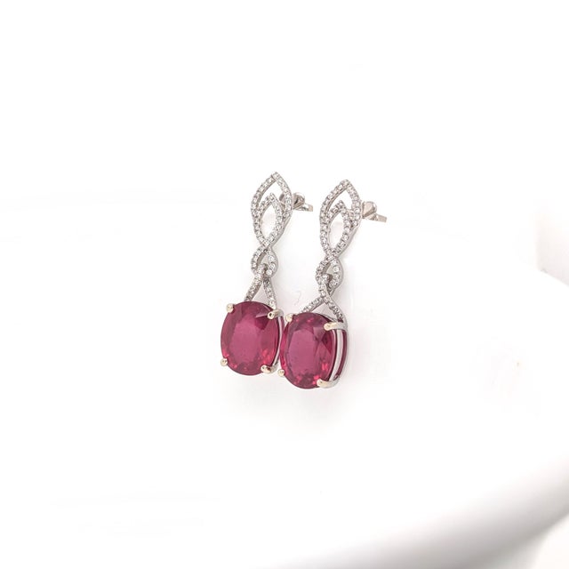 Modern Oval Ruby Dangle Earrings with Earth Mined Diamonds in Solid 14k White Gold - 2 Pieces For Sale - Image 3 of 7