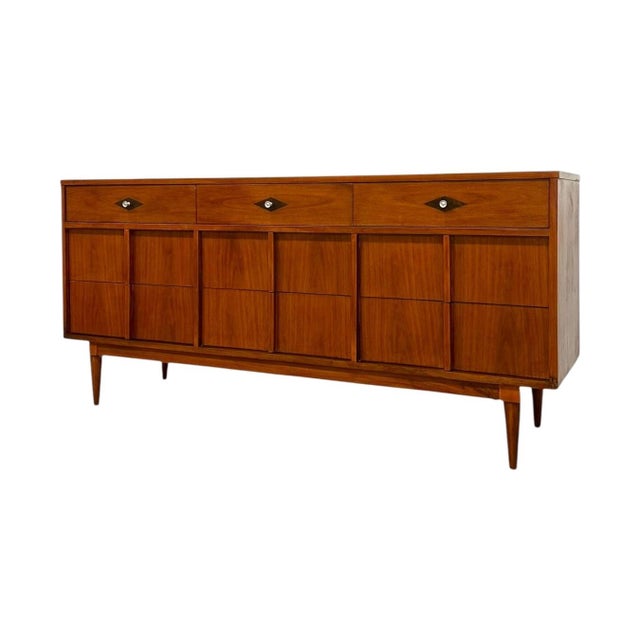 Vintage Mid-Century Modern Walnut 4-Piece Bedroom Set With Diamond Parquet Accent Inlay– Highboy, Long Dresser, & End Table Set For Sale - Image 9 of 16