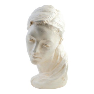 Vintage White Female Bust Sculpture | Classical Plaster Portrait | Mid-Century Modern Decor 15'' For Sale