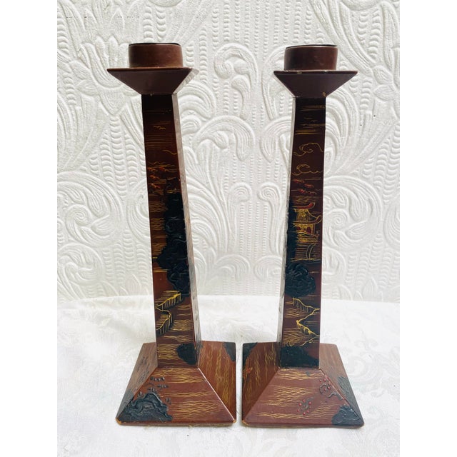 Pair of Antique 1890s Japanese Lacquer Candlesticks For Sale - Image 4 of 11
