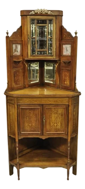 Antique French Victorian Inlaid Mahogany Corner China Cabinet Display Curio