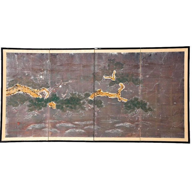 Vintage Japanese Four-Panel Hand-Painted Pine Tree Screen on Silver Leaf. Striking vintage Japanese four-panel folding...