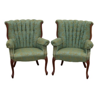 Vintage Channel Back Armchairs With Nail Head Trim and Cabriole Legs- A Pair For Sale