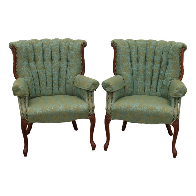 Vintage Channel Back Armchairs With Nail Head Trim and Cabriole Legs- A Pair For Sale