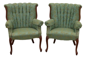 Vintage Channel Back Armchairs With Nail Head Trim and Cabriole Legs- A Pair
