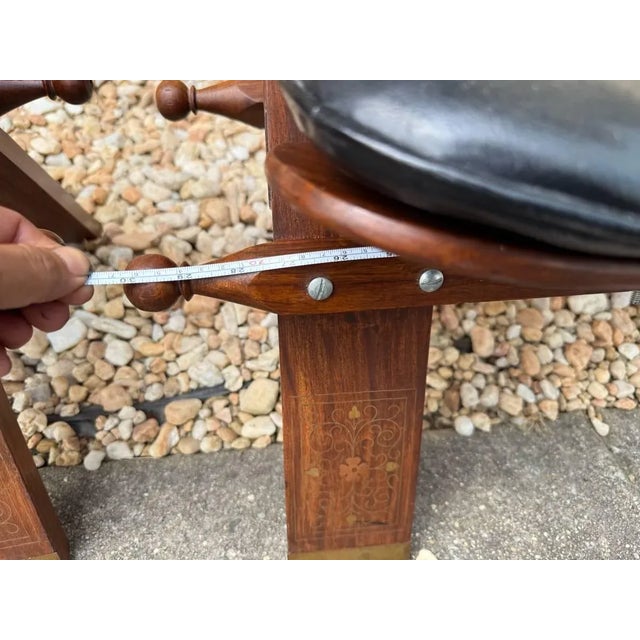 Late 20th Century Pair of Vintage Vinyl Seat Brass Inlaid Camel Saddle Stools For Sale - Image 5 of 12