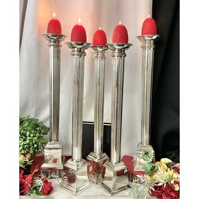 Vintage Candle Holders Silver Metal Pillar Candlesticks - Set of 5 For Sale In Phoenix - Image 6 of 9