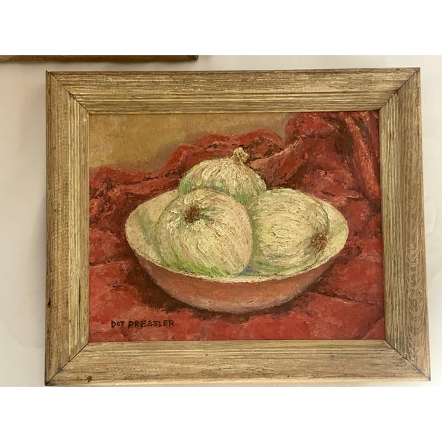 Vintage Oil Paintings signed “Dot Pressler.” – a Pair Onion Still Lifes With Beautifully Dry Matte Surface & Pronounced Impasto For Sale - Image 4 of 12