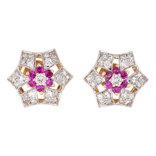 Mid Century Ruby Diamond Snowflake Earrings 14k Yellow Gold Studs Vintage, Pair For Sale