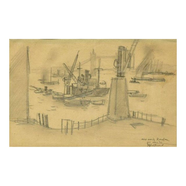 London Harbor - Original Charcoal Drawing by R.L. Antral - 1930s 1930s For Sale