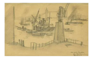 London Harbor - Original Charcoal Drawing by R.L. Antral - 1930s 1930s
