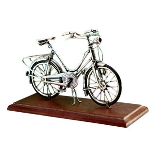Silver Bicycle with Applications and Wooden Base For Sale