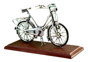 Silver Bicycle with Applications and Wooden Base