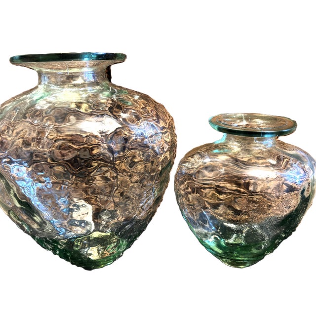 Vintage Statement Hand-Blown Recycled Glass Dimpled Vessels Spain - Pair (14.25" / 11.5") For Sale In Greenville, SC - Image 6 of 18