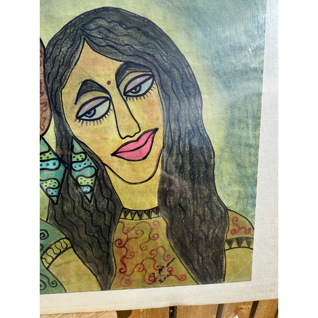 Folk Art Jude Kirby Original Oil Pastel, “Best Friends” Folk Art Painting. For Sale - Image 3 of 3