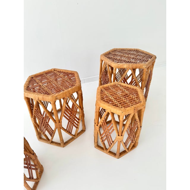 Hexagonal Rattan Stools in Geometric, Woven Lattice Design, 1970s, Set of 4 For Sale - Image 6 of 12