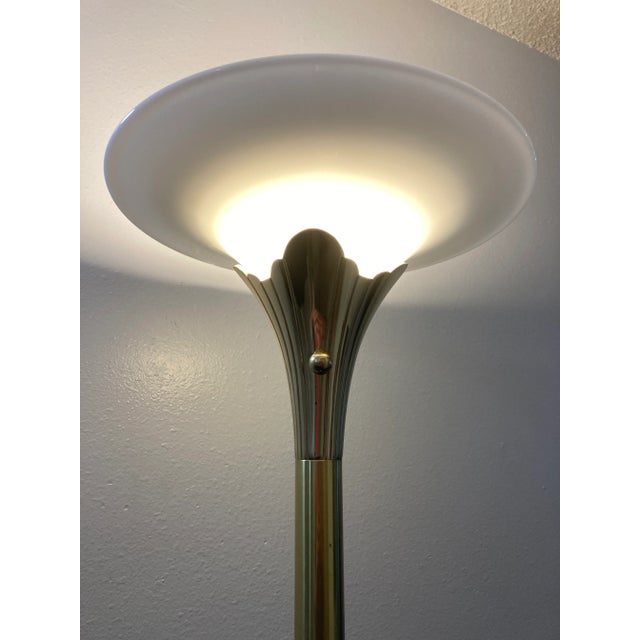 Modernist Solid Brass Tulip Torchiere Floor Lamp Milk Glass Diffuser by the Stiffel Company For Sale - Image 11 of 13