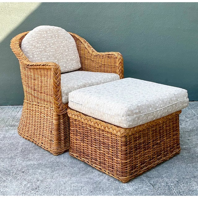 Wood Vintage Braided Rattan Lounge Chair and Ottoman For Sale - Image 7 of 12