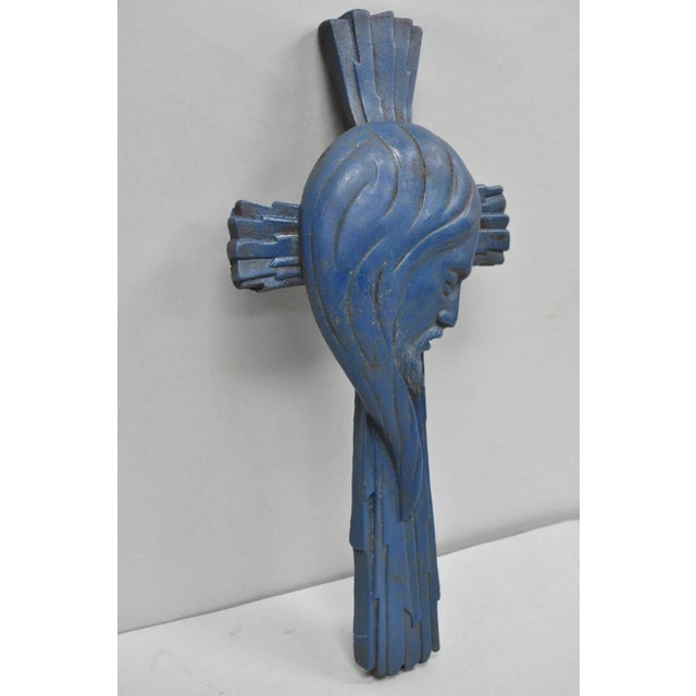 Vintage Religious Jesus Sculpted Resin Blue Mid Century Wall Crucifix Cross For Sale - Image 9 of 14