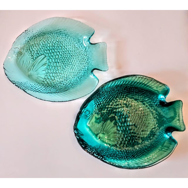 Vintage Arcoroc Teal Glass Fish Plates Set Of 6 Chairish