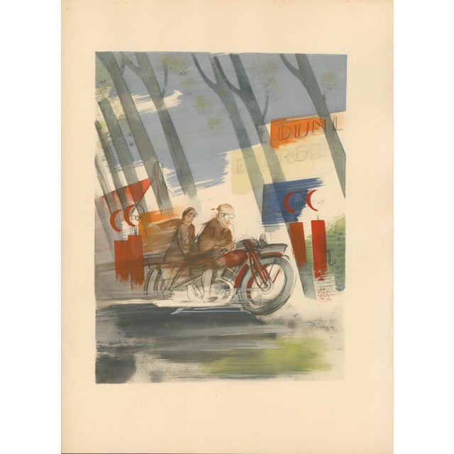Original 1932 Art Deco sporting print by Milivoj Uzelac from the Les Joies du Sport series. Depicts a motorcycle and...