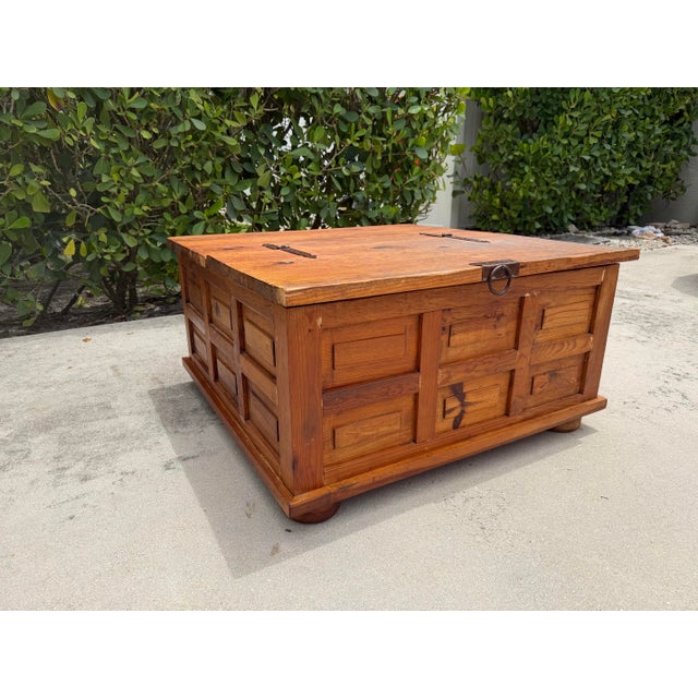 Farmhouse Vintage 39” Square Mexican Rustic Pine Trunk Cocktail Table For Sale - Image 3 of 13