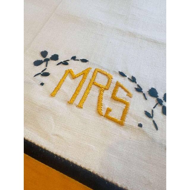 Vintage Mr & Mrs Linen Towels Saffron Black Trim Monogram Embroidered Guest Towels - a Pair For Sale - Image 4 of 11