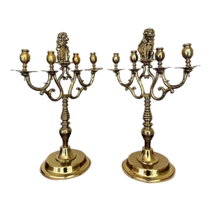 Large Antique Lion Coat of Arms Amsterdam Brass Candelabra Candle Holders - A Pair