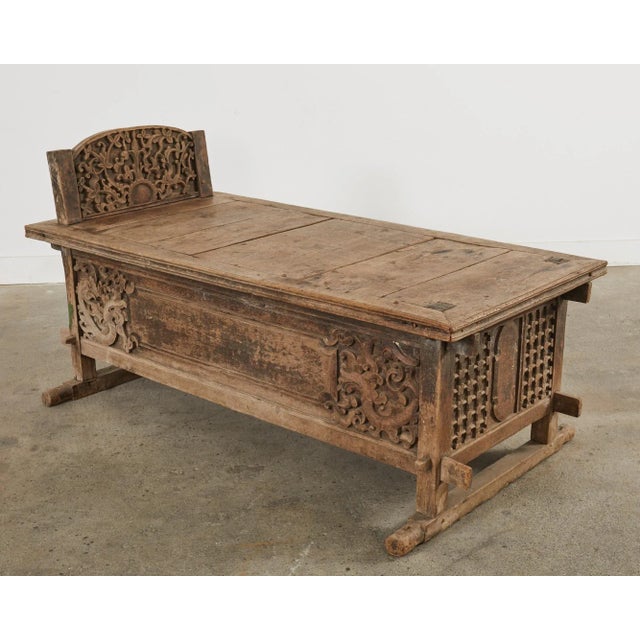 Tan Javanese Carved Teak Indo Wedding Chest Daybed From Bali For Sale - Image 8 of 12
