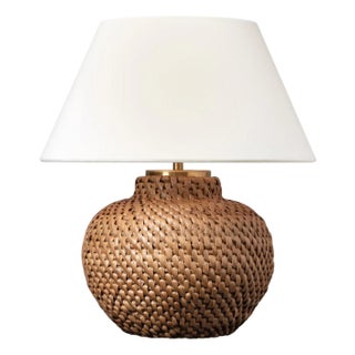 Marie Flanigan by Visual Comfort Signature Avedon 12" Cordless Accent Lamp in Natural Rattan with Linen Shade For Sale