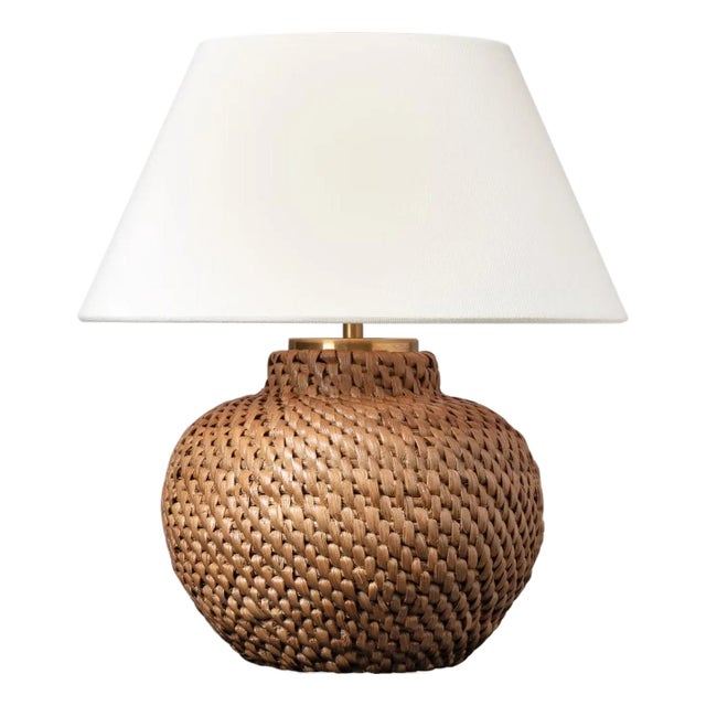Marie Flanigan by Visual Comfort Signature Avedon 12" Cordless Accent Lamp in Natural Rattan with Linen Shade For Sale