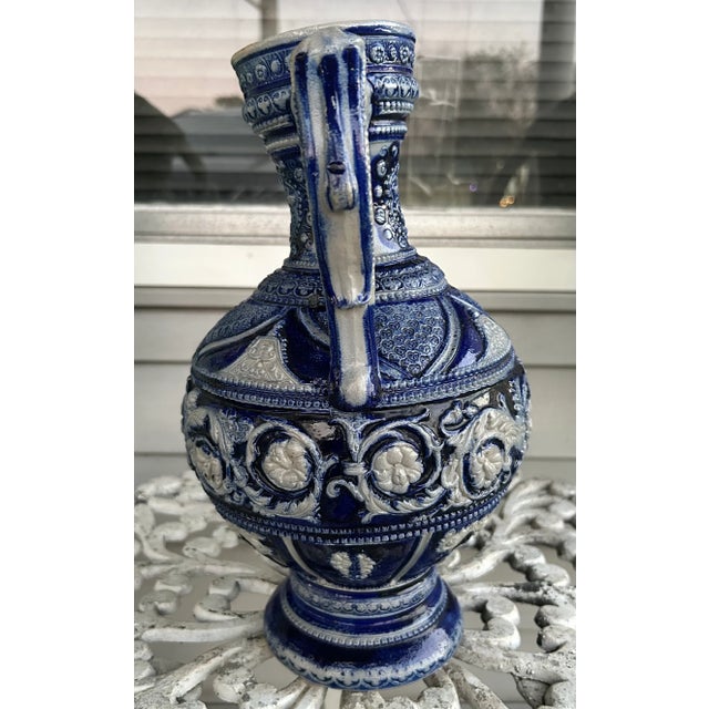 Mid 19th Century German Renaissance Revival Style Westerwald Salt Glazed Stoneware Coat of Arms Motif Satyr Spout Bulbous Footed Ewer For Sale In New Orleans - Image 6 of 11