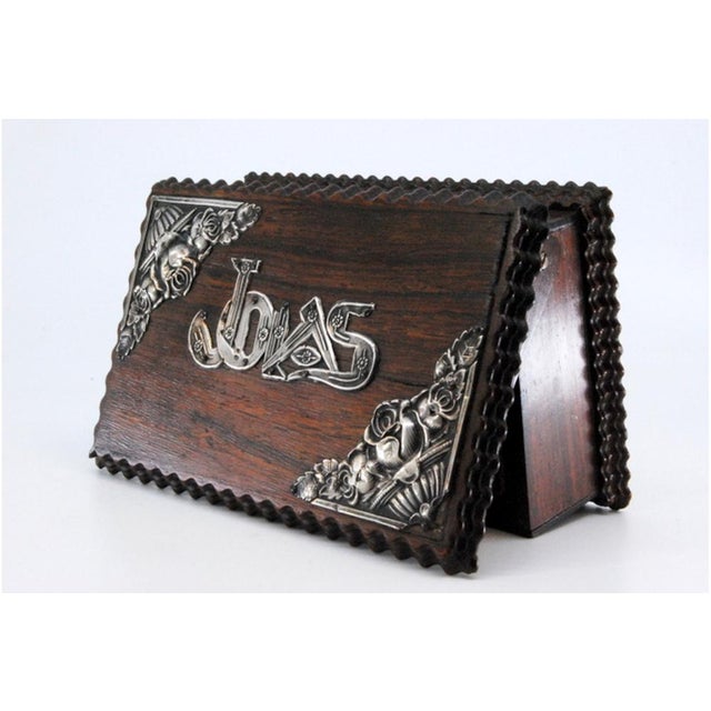 Wooden Jewelry Box with Silver Applications on the Lid and the Words Jewels. For Sale - Image 5 of 10