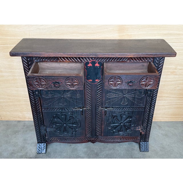 Wood 20th Spanish Baroque Carved Walnut Tuscan Two Drawers Credenza or Buffet For Sale - Image 7 of 10