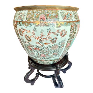 Antique Chinese Porcelain Famille Rose Fish Bowl With Rosewood Stand, Jardiniere For Sale