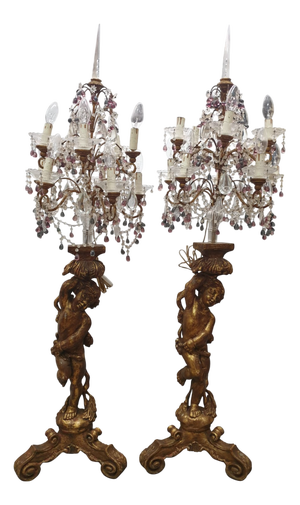 Large Electrified Giltwood Candelabras with Putti, 1870s, Set of 2
