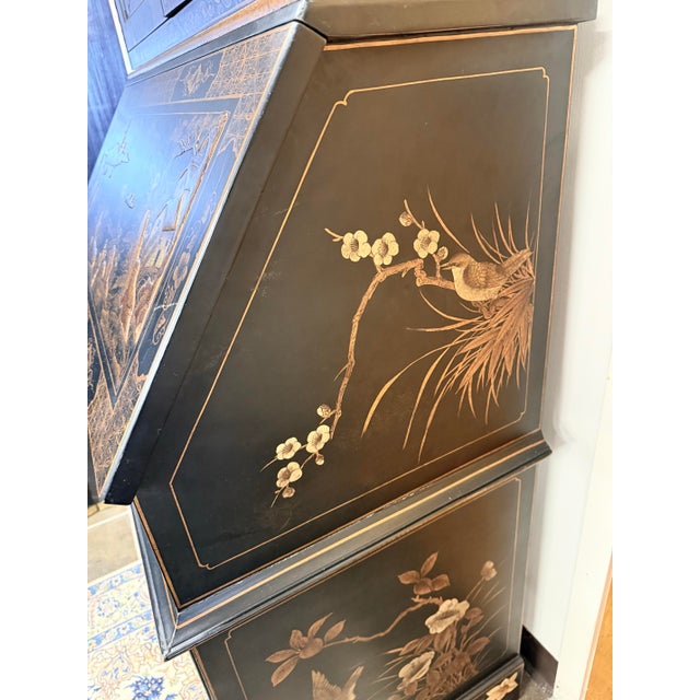 Black Burton-Ching Chinoiserie Black Lacquered and Hand Painted Gilt Decorated Secretary Desk For Sale - Image 8 of 11