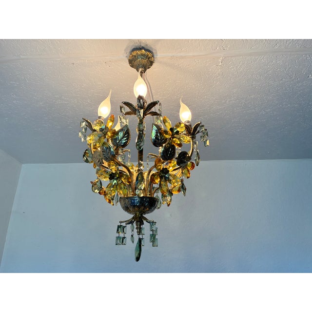 Vintage Hand-Painted Floral Crystal Chandelier | Amber & Green Glass Flowers | Classic Brass Ceiling Light | Restored Antique Lighting For Sale - Image 17 of 17