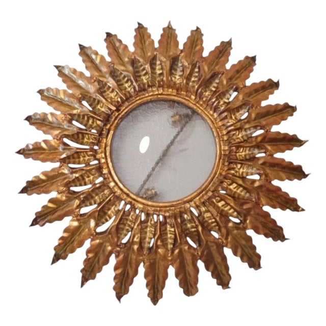 Large Spanish Sunburst Flush Mount in Gilt Metal with Support, 1950 For Sale
