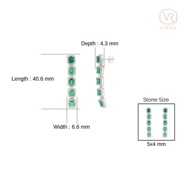 4.07 Ct Emerald Diamond Linear Art Deco Drop Earrings in 14k White Gold- 2 Pieces For Sale - Image 9 of 13