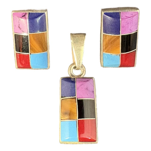 Late 20th Century Pair of Sterling Silver Channel Inlay Multi-Stone Earrings W/ Matching Pendant .925 Mexico For Sale