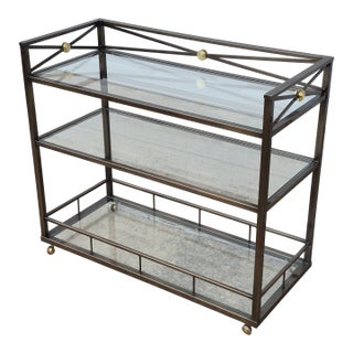 Late 20th Century Neoclassical Maison Jansen Style 3-Tiered Metal & Glass Bar Cart or Serving Cart With Gallery For Sale