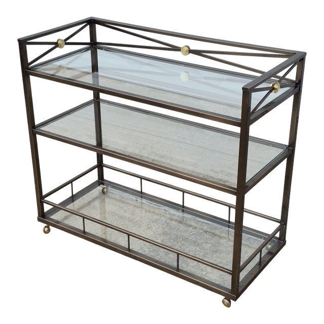 Late 20th Century Neoclassical Maison Jansen Style 3-Tiered Metal & Glass Bar Cart or Serving Cart With Gallery For Sale