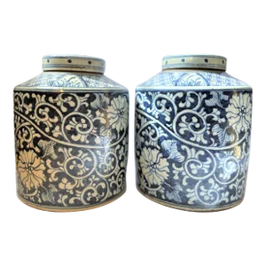Contemporary Chinoiserie Porcelain Blue and White Cylinder Tea Jars- a Pair