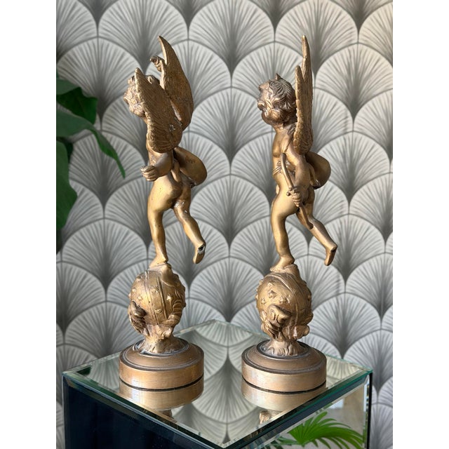 Antique Art Nouveau Brass Cherub Cupid Angel Statue Sculptures in the Style of A. Moreau - A Pair For Sale - Image 9 of 12